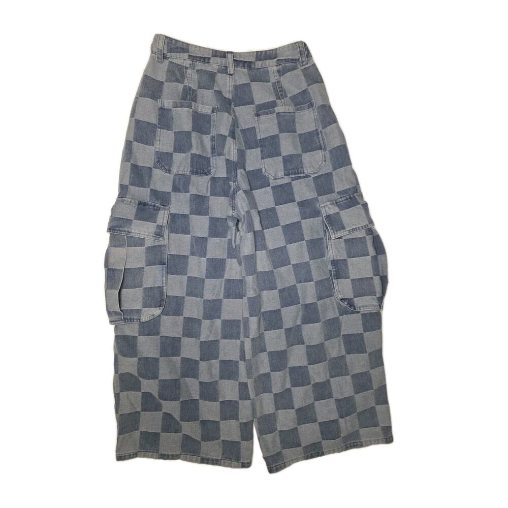 BiBi Wide Leg Jeans Womens Small Blue Light Wash High Rise Checkered Cargo Crop - Picture 5 of 13